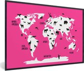 Wereldkaart Kinderen - Dieren - Roze - Schoolplaat - Kinderkamer - 90x60 cm