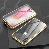 Voor iPhone XR Ultraslank Dubbelzijdig Magnetische Adsorptie Hoekig Frame Gehard Glas Magneet Flip Case (Goud)