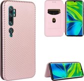 Voor xiaomi mi CC9 pro koolstofvezel textuur magnetische horizontale flip tpu + pc + pu lederen tas met kaartsleuf (roze)