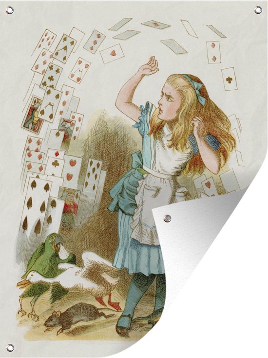 Tuinposter - Tuindoek - Tuinposters buiten - Vintage illustratie Alice met speelkaarten - 90x120 cm - Tuin