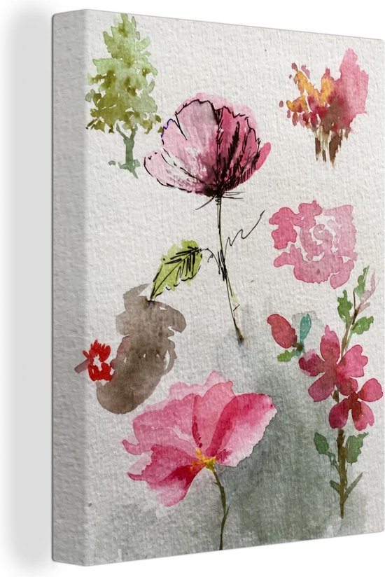 Canvas Schilderij Aquarel geschilderde bloemen - 90x120 cm - Wanddecoratie