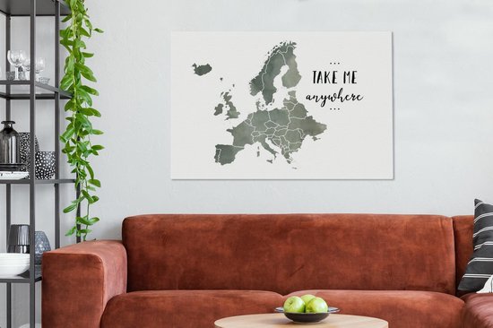 Carte de l'Europe à l'aquarelle grise avec le texte Emmène-moi partout 120x80 cm - Tirage photo sur toile (Décoration murale salon / chambre)