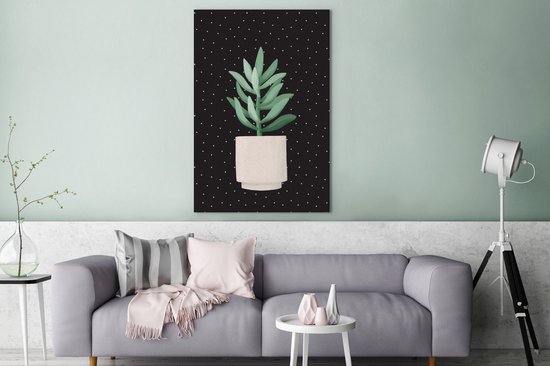 Illustration d'une succulente aux feuilles gris-vert sur fond noir à pois blancs 120x180 cm - Tirage photo sur Toile (Décoration murale salon / chambre) XXL / Groot format!