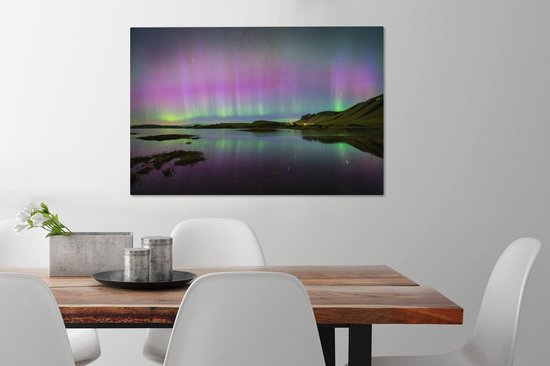 Canvas Schilderij Noorderlicht - IJsland - Paars - 90x60 cm - Wanddecoratie