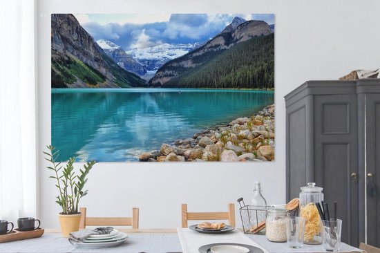 Canvas schilderij 150x100 cm - Wanddecoratie Meer in het Nationaal park Banff in Alberta - Muurdecoratie woonkamer - Slaapkamer decoratie - Kamer accessoires - Schilderijen op canvas