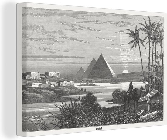Canvas Schilderij Zwart-wit illustratie van een overstroming bij Gizeh in Egypte - 120x80 cm - Wanddecoratie