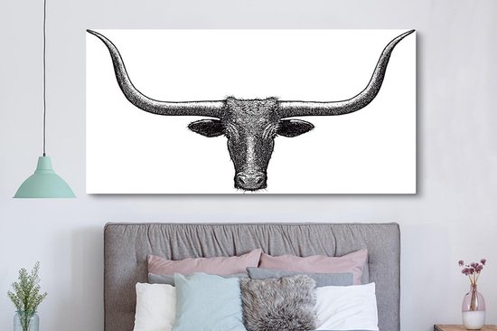Illustration d'une ligne de la toile Texas Longhorn 160x80 cm - Tirage photo sur toile (Décoration murale salon / chambre) / Peintures sur toile Animaux de la ferme