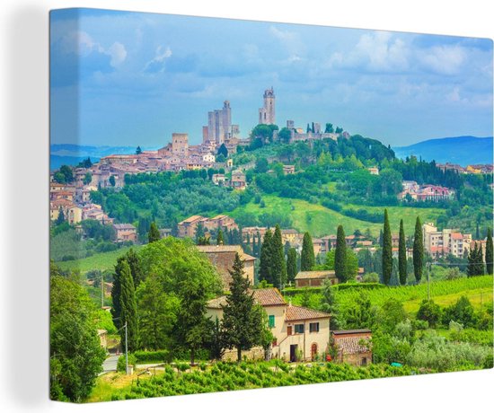 Canvas Schilderij De heuvels van het Italiaanse San Gimignano in Toscane - 120x80 cm - Wanddecoratie