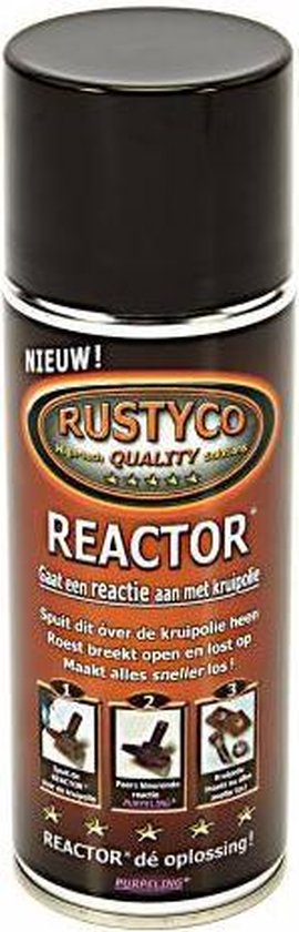 Zwarte spuitbus Rustyco REACTOR, met driedelige instructies en gele sterren.