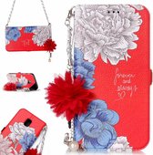 Voor Galaxy J3 (2017) (EU-versie) Rode achtergrond Chrysanthemum patroon Horizontale flip lederen tas met houder en kaartsleuven & parelbloem Ornament & ketting