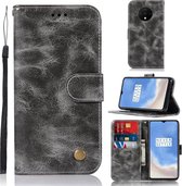 Voor OnePlus 7T Retro koperen knop Crazy Horse Horizontale flip PU lederen tas met houder & kaartsleuven & portemonnee en lanyard (grijs)