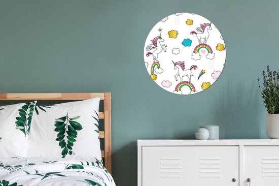 Illustration de licornes sur des arcs-en-ciel Sticker mural cercle papier peint 80x80 cm / cercle papier peint / cercle mural / cercle vivant - autocollant et coupe ronde
