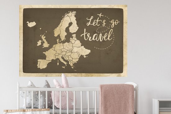 Sticker Muursticker Cartes d'Europe - Carte d'Europe Vintage avec texte Let's go travel - 120x80 cm - Film adhésif autocollant - Sticker mural repositionnable