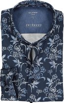 OLYMP Luxor 24/Seven modern fit overhemd - blauw bloemen dessin tricot - Strijkvriendelijk - Boordmaat: 40
