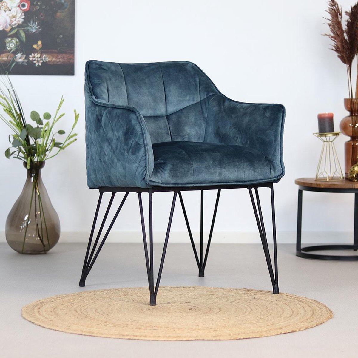 Bronx71 Velvet eetkamerstoel Jayron blauw - Eetkamerstoelen set van 4 - stoel