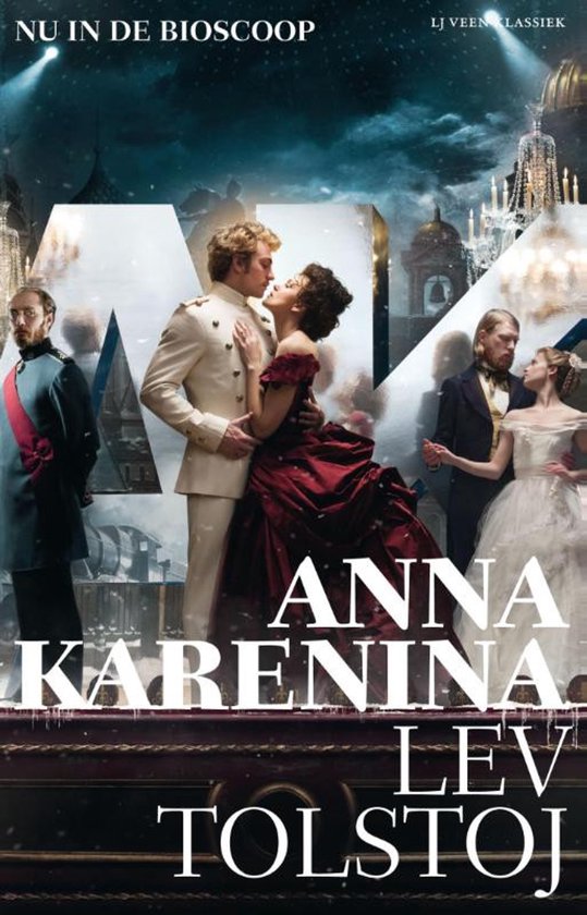Anna Karenina boekomslag met een stel in witte en rode kleding die elkaar omhelzen, met andere koppels op de achtergrond.