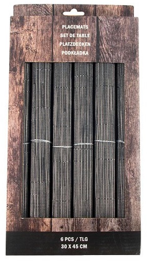 Verpakking met 6 antracietkleurige placemats van 30x45cm, met houtlook.