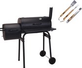 BBQ Grill - Rookoven zwart met thermostaat met 3 delige BBQ gereedschapsset - Grilloppervlak 66 x 34 cm