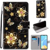 Voor OPPO A15 / A15s Gekleurde Tekening Cross Textuur Horizontale Flip PU Lederen Case met Houder & Kaartsleuven & Portemonnee & Lanyard (Gouden Diamant Vlinder)