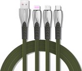 3A 3 in 1 USB naar 8Pin + Micro USB + USB-C / Type-C zinklegering supersnelle oplaadkabel (groen)