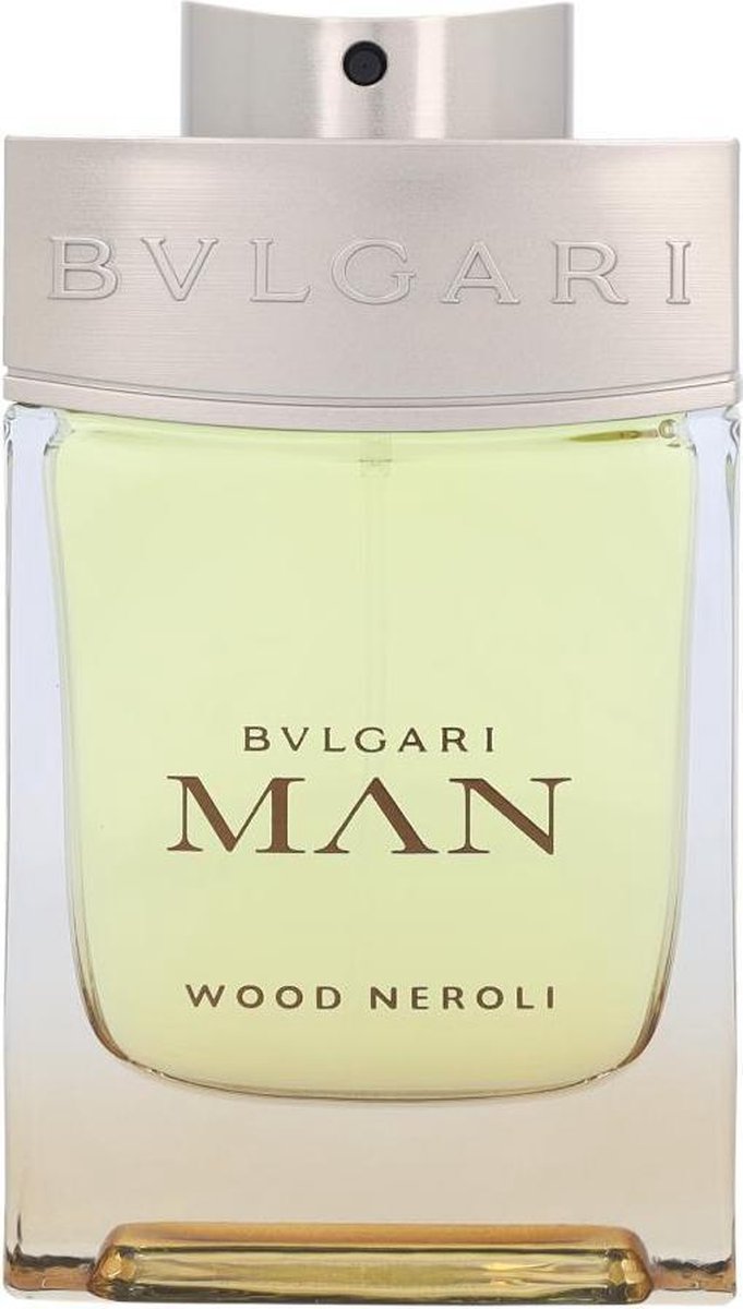 Bvlgari Man Wood Neroli Eau de Parfum, 100 ml. Gouden dop, helder glas, heldergele vloeistof.