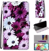 Voor Samsung Galaxy A71 Gekleurde tekening Cross Texture Horizontale Flip PU lederen hoes met houder & kaartsleuven & portemonnee & lanyard (Chrysanthemum Pink White Purple)