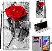 Voor Samsung Galaxy A21s Gekleurde tekening Cross Texture Horizontale Flip PU lederen tas met houder & kaartsleuven & portemonnee & lanyard (rode roos op houten)