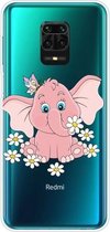 Voor Xiaomi Redmi Note 9S schokbestendig geverfd transparant TPU beschermhoes (kleine roze olifant)
