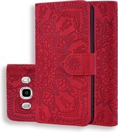 Kalfspatroon Dubbel opvouwbaar ontwerp Reliëf lederen tas met portemonnee & houder & kaartsleuven voor Galaxy J5 (2016) / J510 (rood)