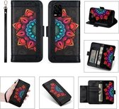 Voor Xiaomi Mi 10 Lite Afdrukken Tweekleurig Half Mandala-patroon Dubbelzijdige magnetische gesp Horizontale flip lederen tas met houder & kaartsleuven & portemonnee & fotolijst & lanyard (zw