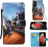 Voor Samsung Galaxy S21 Ultra 5G Gekleurd tekeningpatroon Vlak geweven horizontaal Flip lederen tas met houder & kaartsleuf & portemonnee & lanyard (spiegel kat)