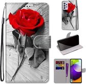 Voor Samsung Galaxy A52 5G Gekleurde Tekening Cross Textuur Horizontale Flip PU Lederen Case met Houder & Kaartsleuven & Portemonnee & Lanyard (Hout Rode Roos)