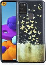 Voor Samsung Galaxy A21s Painted Pattern Soft TPU Case (Gold Butterflies)