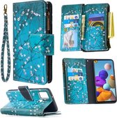 Voor Samsung Galaxy A21s Gekleurde Tekening Patroon Rits Horizontale Flip Leren Case met Houder & Kaartsleuven & Portemonnee (Pruimenbloesem)