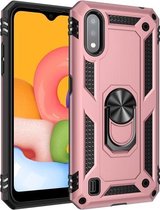 Voor Galaxy A01 US-versie Schokbestendige TPU + pc-beschermhoes met 360 graden roterende houder (roségoud)