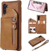 Voor Galaxy Note 10 Dubbele Gespen Rits Schokbestendig Achterkant Beschermhoes met Houder & Kaartsleuven & Portemonnee & Lanyard & Fotolijsten (Koffie)