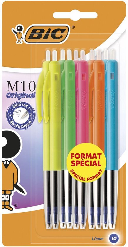 BIC Balpen M10 Original Fashion Colors - medium punt (1.0 mm) - Schrijfkleur blauw - Omhulsel in diverse Kleuren - 10 stuks
