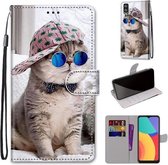 Voor Alcatel 1L (2021) Gekleurde tekening Cross Texture Horizontale Flip PU lederen tas met houder & kaartsleuven & portemonnee & lanyard (Slant Hat Blue Mirror Cat)
