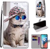 Voor Motorola Moto E7 Gekleurde tekening Cross Texture Horizontale Flip PU lederen tas met houder & kaartsleuven & portemonnee & lanyard (Slant Hat Blue Mirror Cat)