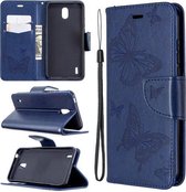 Voor Nokia 1.3 Two Butterflies Embossing Pattern Horizontale Flip Leather Case met houder & kaartsleuf & portemonnee & Lanyard (donkerblauw)