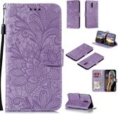 Voor Nokia 2.3 Kant Bloem Embossing Patroon Horizontale Flip Leren Case, met Houder & Kaartsleuven & Portemonnee & Fotolijst & Lanyard (Paars)