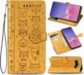 Voor Galaxy S10 schattige kat en hond reliëf horizontale flip lederen tas met beugel / kaartsleuf / portemonnee / lanyard (geel)