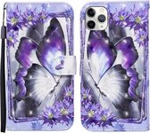 Voor iPhone 11 Pro 3D Geschilderd Patroon Horizontale Leren Flip Case met Houder & Portemonnee & Kaartsleuf & Lanyard (Purple Flower Butterfly)