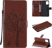 Voor Motorola Moto G9 Plus Tree & Cat Pattern Pressed Printing Horizontale Flip PU lederen tas met houder & kaartsleuven & portemonnee & lanyard (bruin)