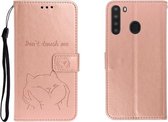 Voor Galaxy A21 reliëf Shiba Inu links en rechts lederen tas met standaard & kaartsleuf & sallet (roségoud)