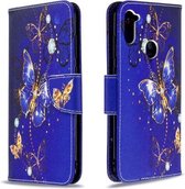 Voor Galaxy A11 Gekleurde tekening Horizontale flip lederen tas met houder & kaartsleuven & portemonnee (paarse vlinder)