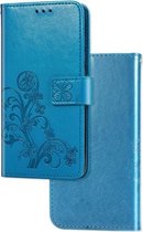 Voor OnePlus 7T Lucky Clover Pressed Flowers Pattern Leather Case met houder & kaartsleuven & portemonnee & draagriem (blauw)
