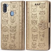 Voor Galaxy M11 Mooie kat en hond Embossing patroon Horizontale flip lederen tas, met houder & kaartsleuven & portemonnee & cartoon sluiting & lanyard (goud)