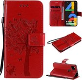 Voor Google Pixel 4a 4G Boom & Kat Reliëfpatroon Horizontale Flip Leren Case met Houder & Kaartsleuven & Portemonnee & Lanyard (Rood)