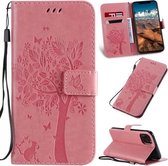 Tree & Cat Pattern Pressed Printing Horizontale Flip PU lederen tas met houder & kaartsleuven & portemonnee & lanyard voor iPhone 11 Pro Max (roze)